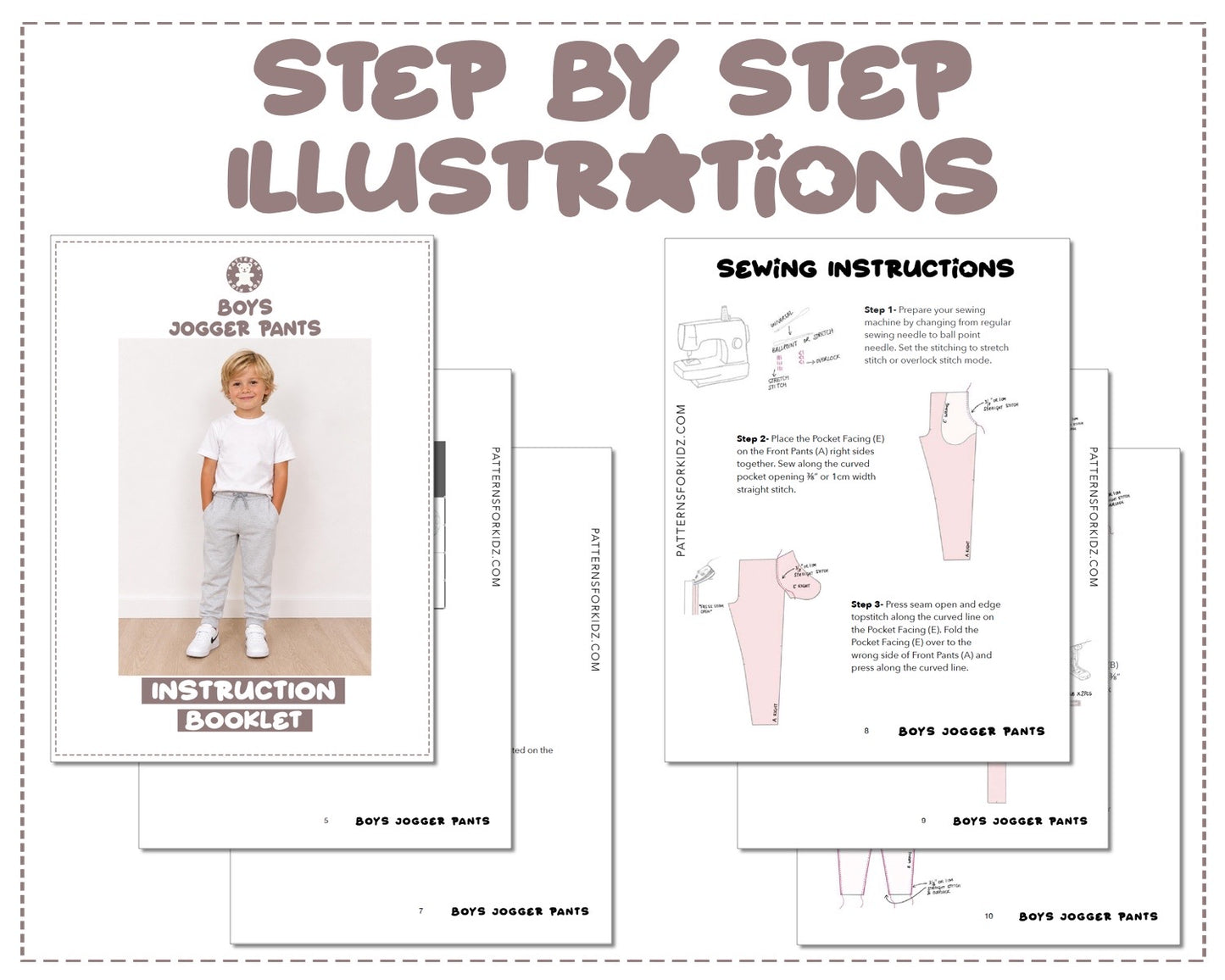 Boys Jogger Pants sewing pattern instruction booklet showing step by step illustrations to make the garment.