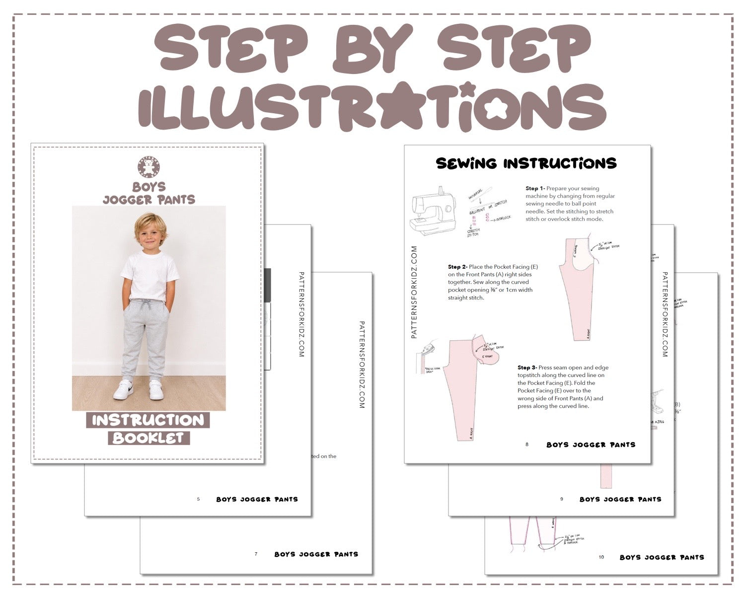 Boys Jogger Pants sewing pattern instruction booklet showing step by step illustrations to make the garment.
