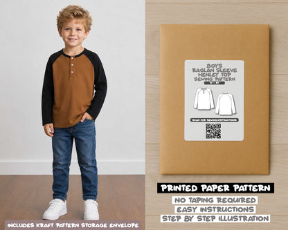 Boys Raglan Long Sleeve Henley Top printed sewing pattern with easy instructions and step by step illustrations.