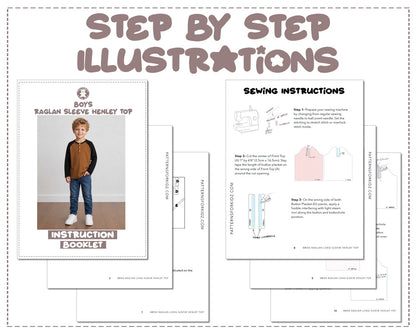 Boys Raglan Long Sleeve Henley Top sewing pattern instruction booklet showing step by step illustrations to make the garment.