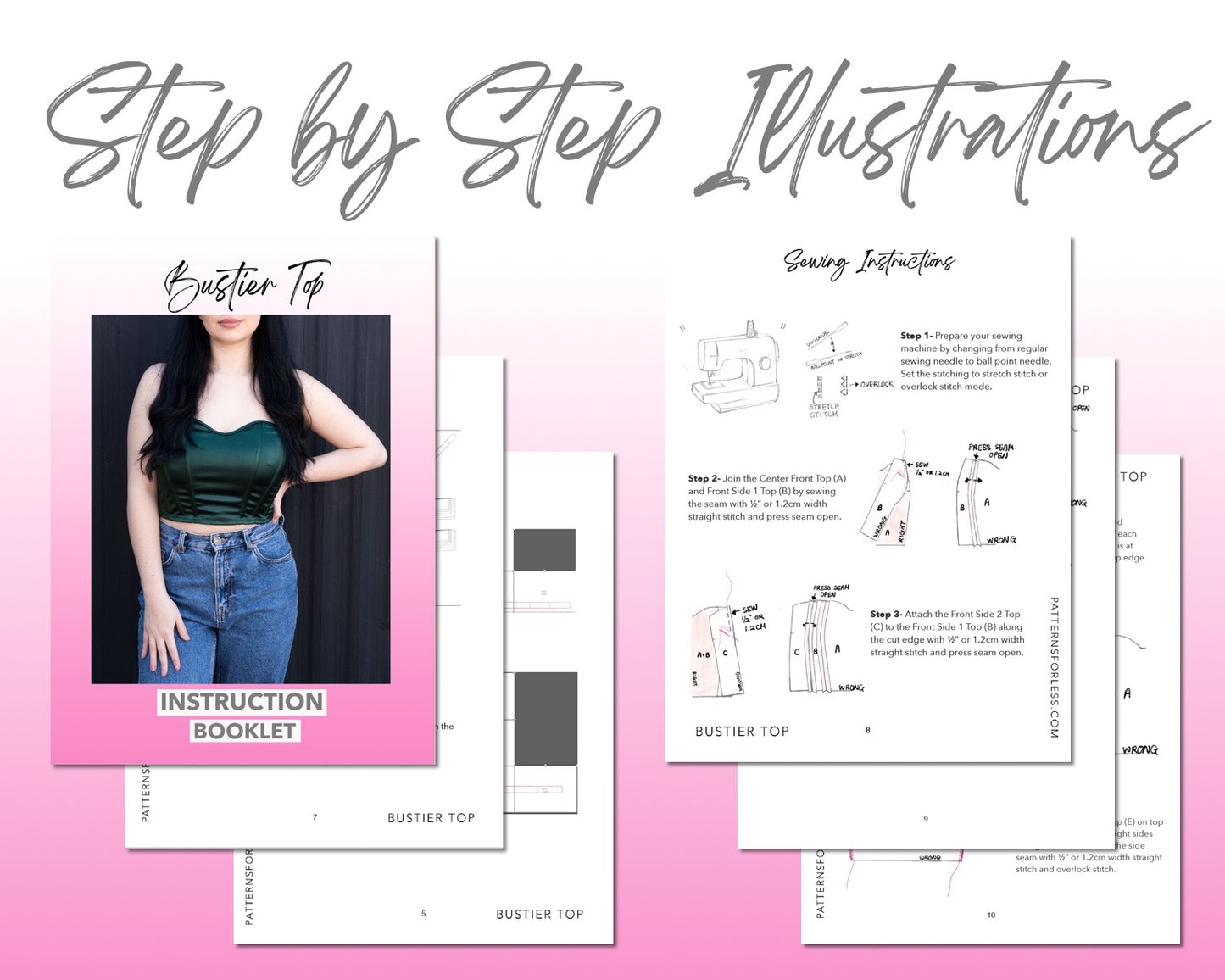 Bustier Knit Crop Top sewing pattern step by step illustrations.