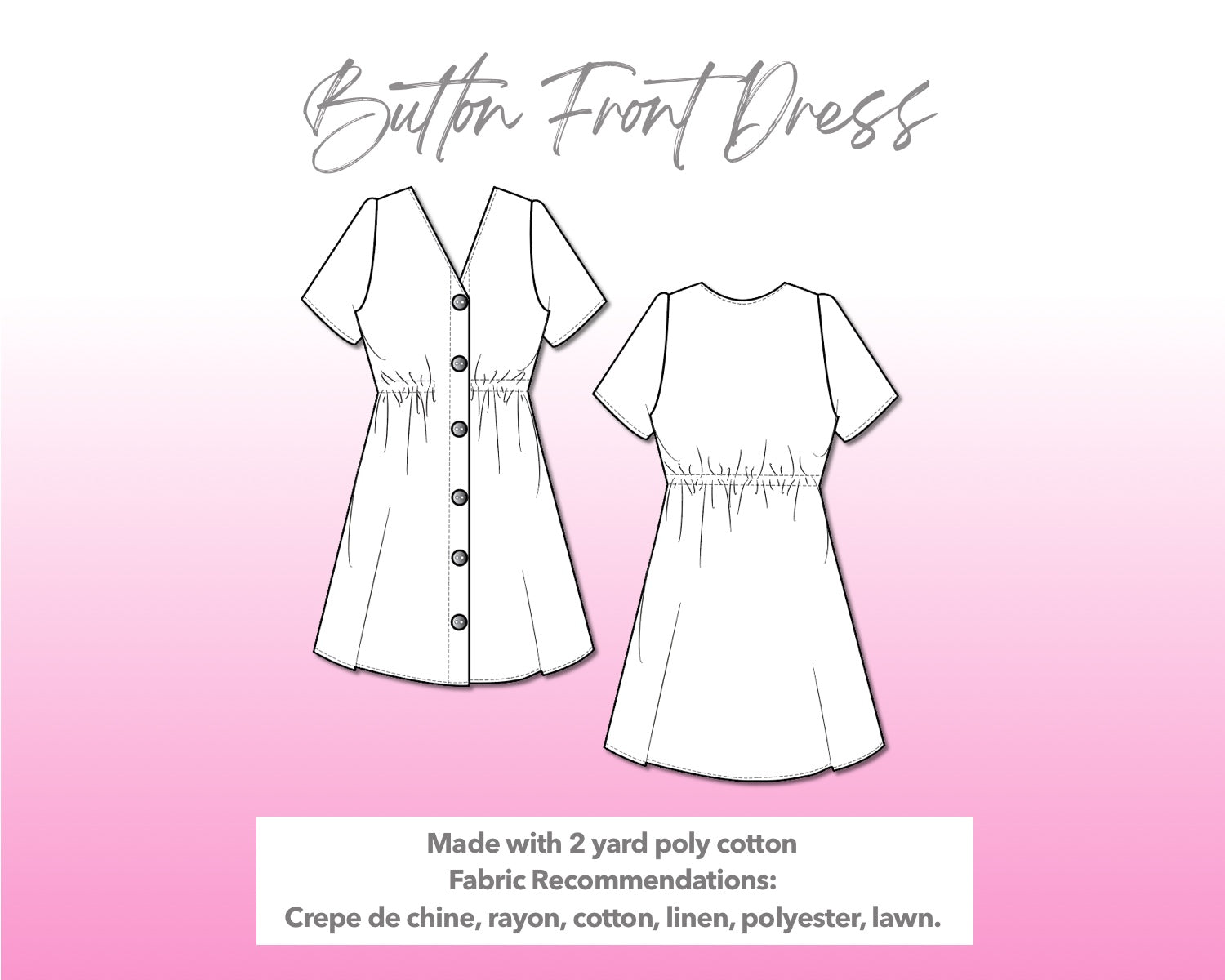 Illustration and detailed description for Button Front Mini Dress sewing pattern.