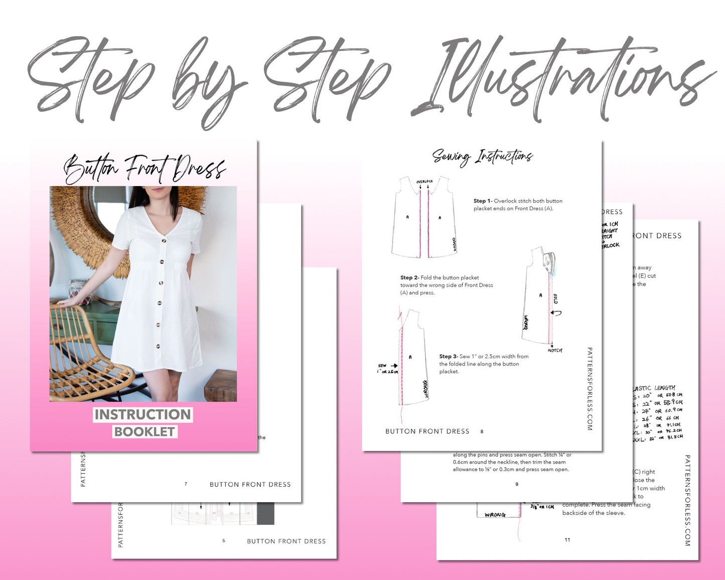 Button Front Mini Dress sewing pattern step by step illustrations.