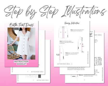 Button Front Mini Dress sewing pattern step by step illustrations.