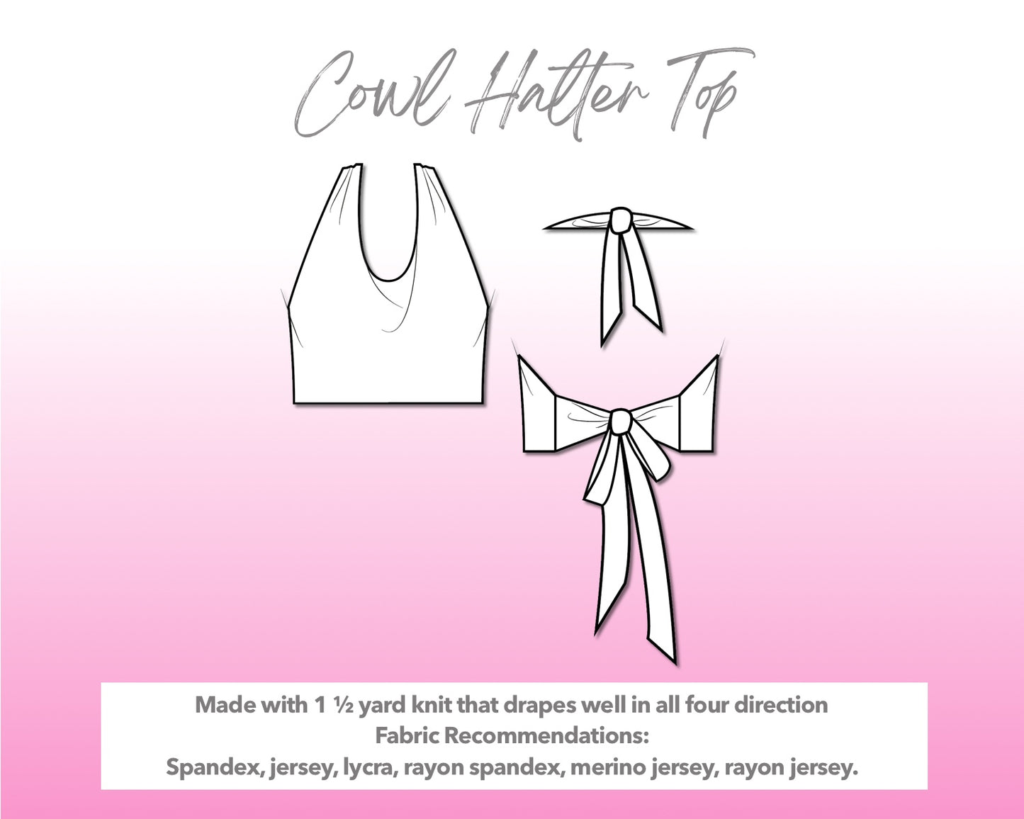 Illustration and detailed description for Cowl Halter Knit Top sewing pattern.