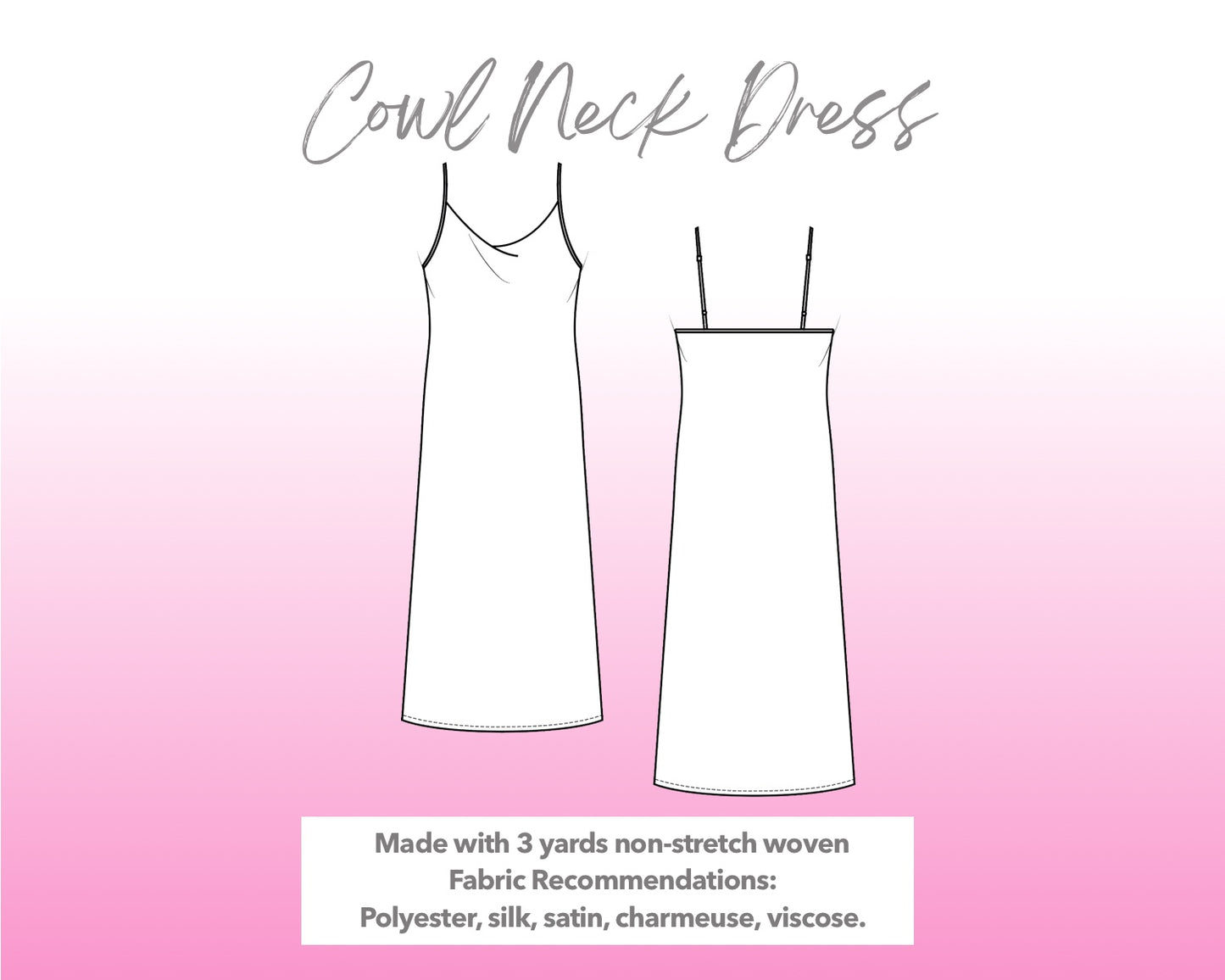 Illustration and detailed description for Cowl Neck Midi Dress sewing pattern.