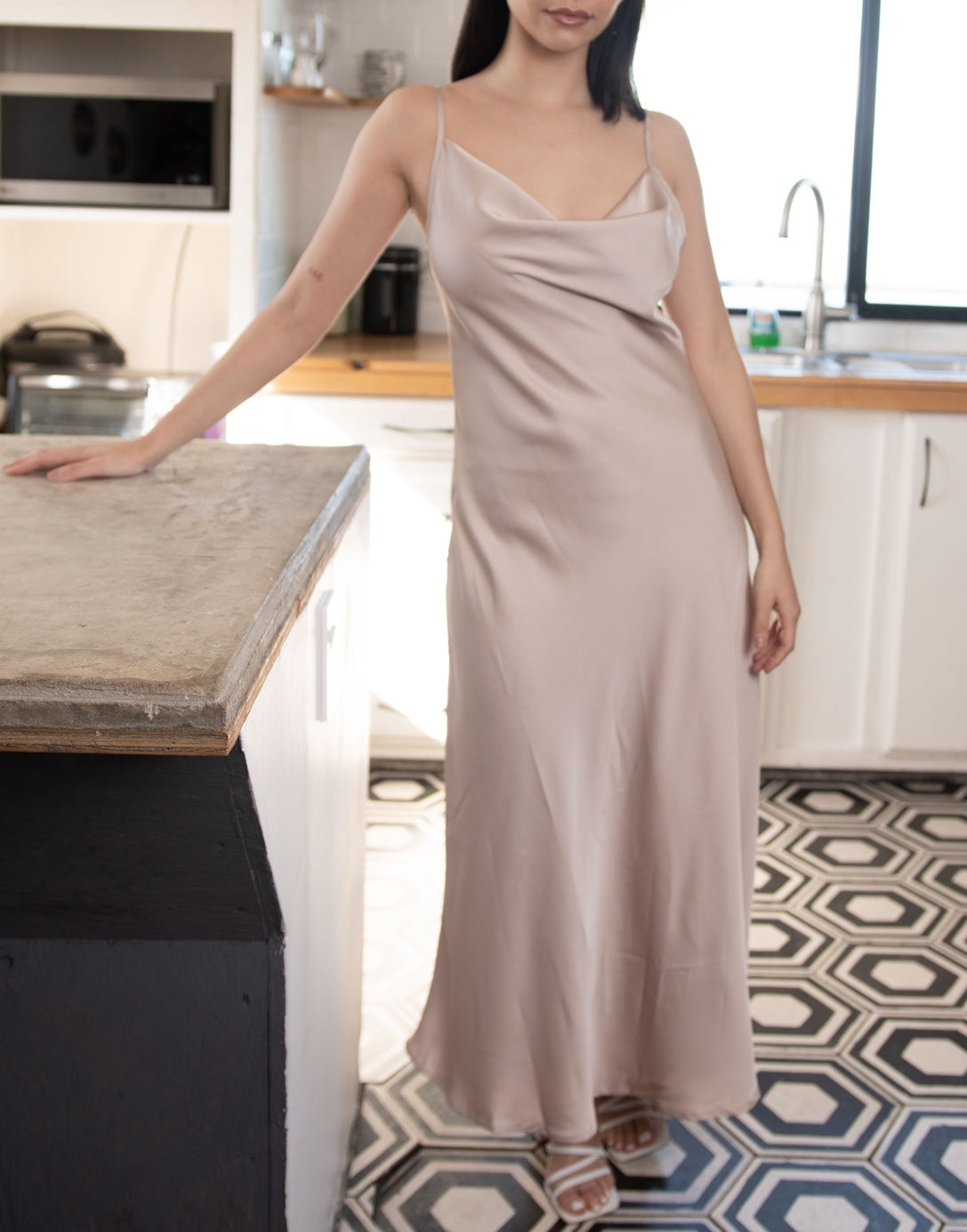 Full length photo of Cowl Neck Midi Dress.