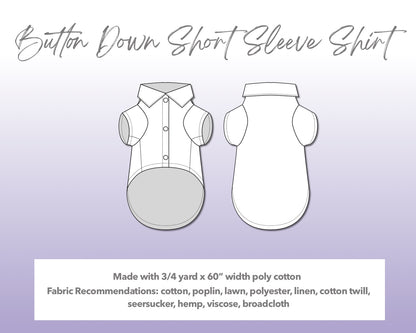 Illustration and detailed description for Dog Button Down Short Sleeve Shirt sewing pattern. Made with ¾ yard x 60” width poly cotton. Other Fabric Recommendations: cotton, poplin, lawn, polyester, linen, cotton twill, seersucker, hemp, viscose, broadcloth.