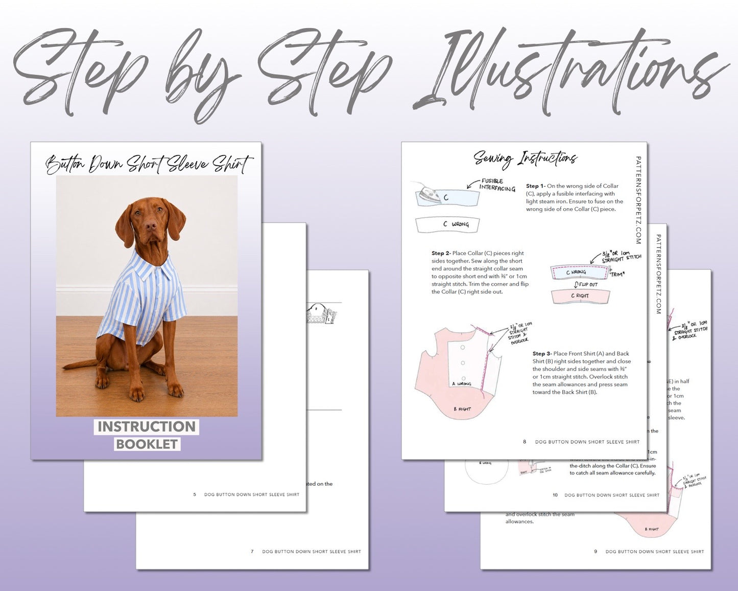 Dog Button Down Short Sleeve Shirt sewing pattern instruction booklet showing step by step illustrations to make the garment.