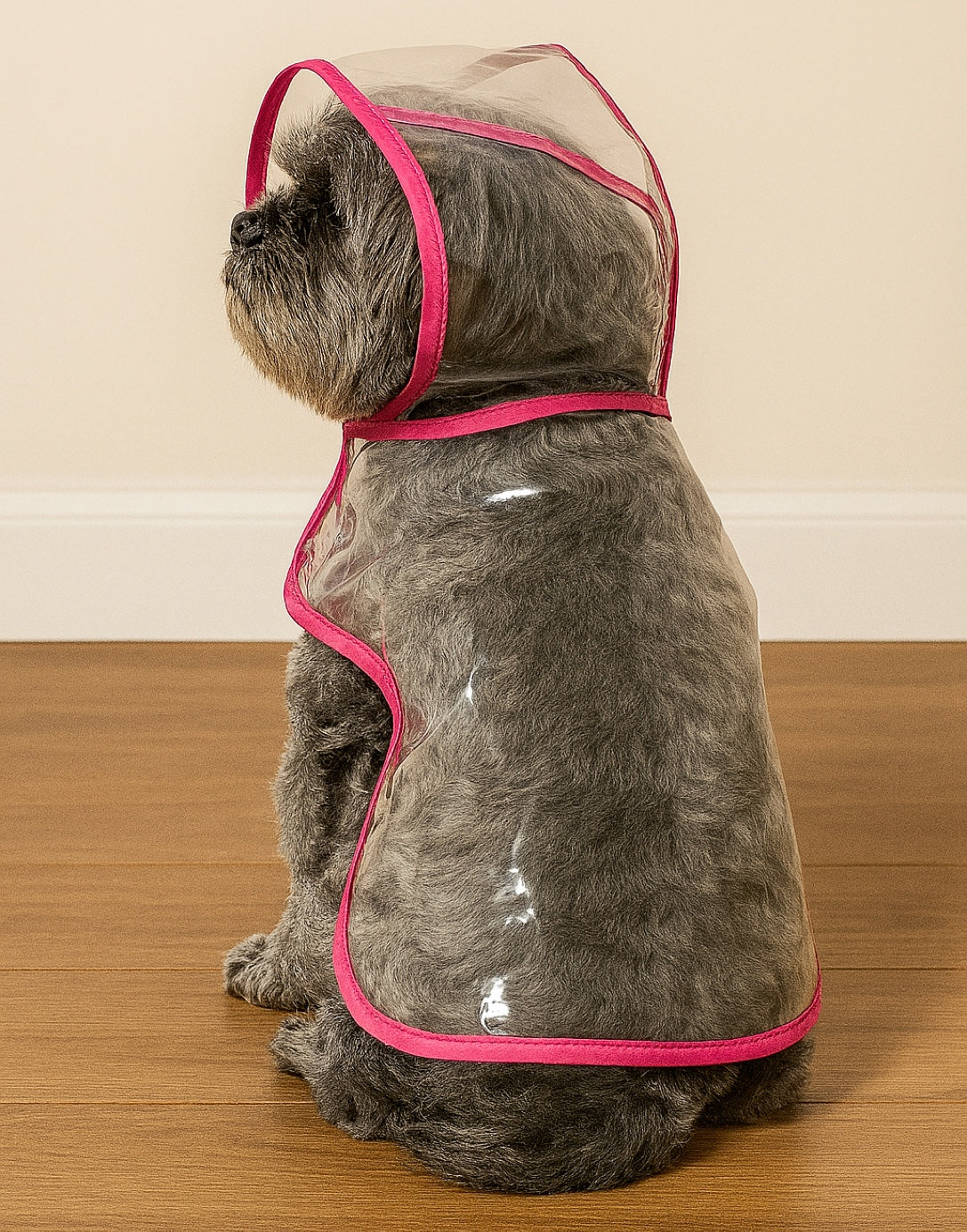 Back view of dog wearing a transparent Hooded Raincoat with pink straps on a wooden floor.