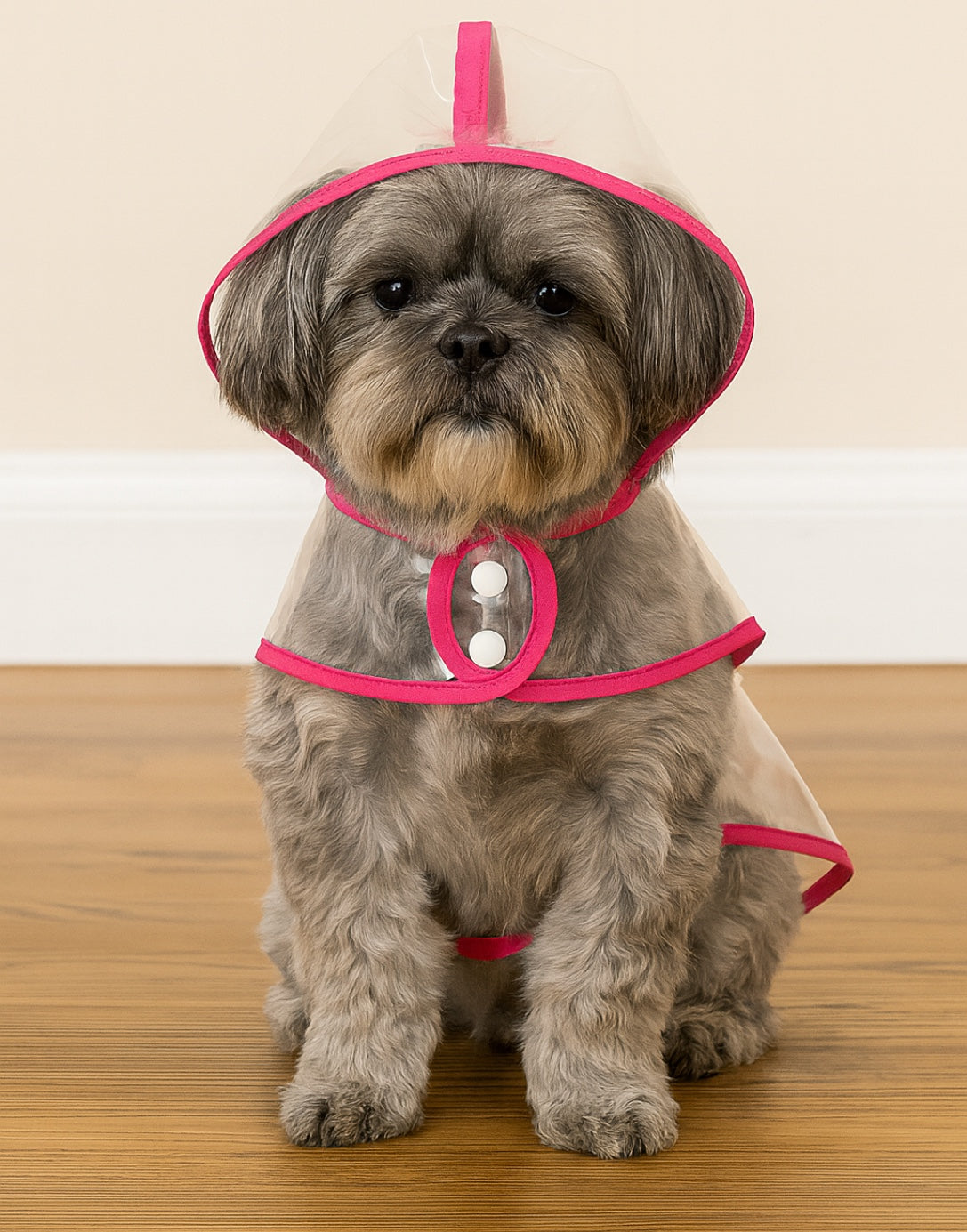 Dog wearing a transparent Hooded Raincoat with pink trim on a wooden floor.