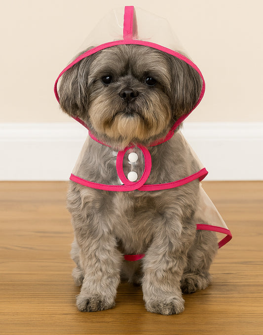 Dog wearing a transparent Hooded Raincoat with pink trim on a wooden floor.