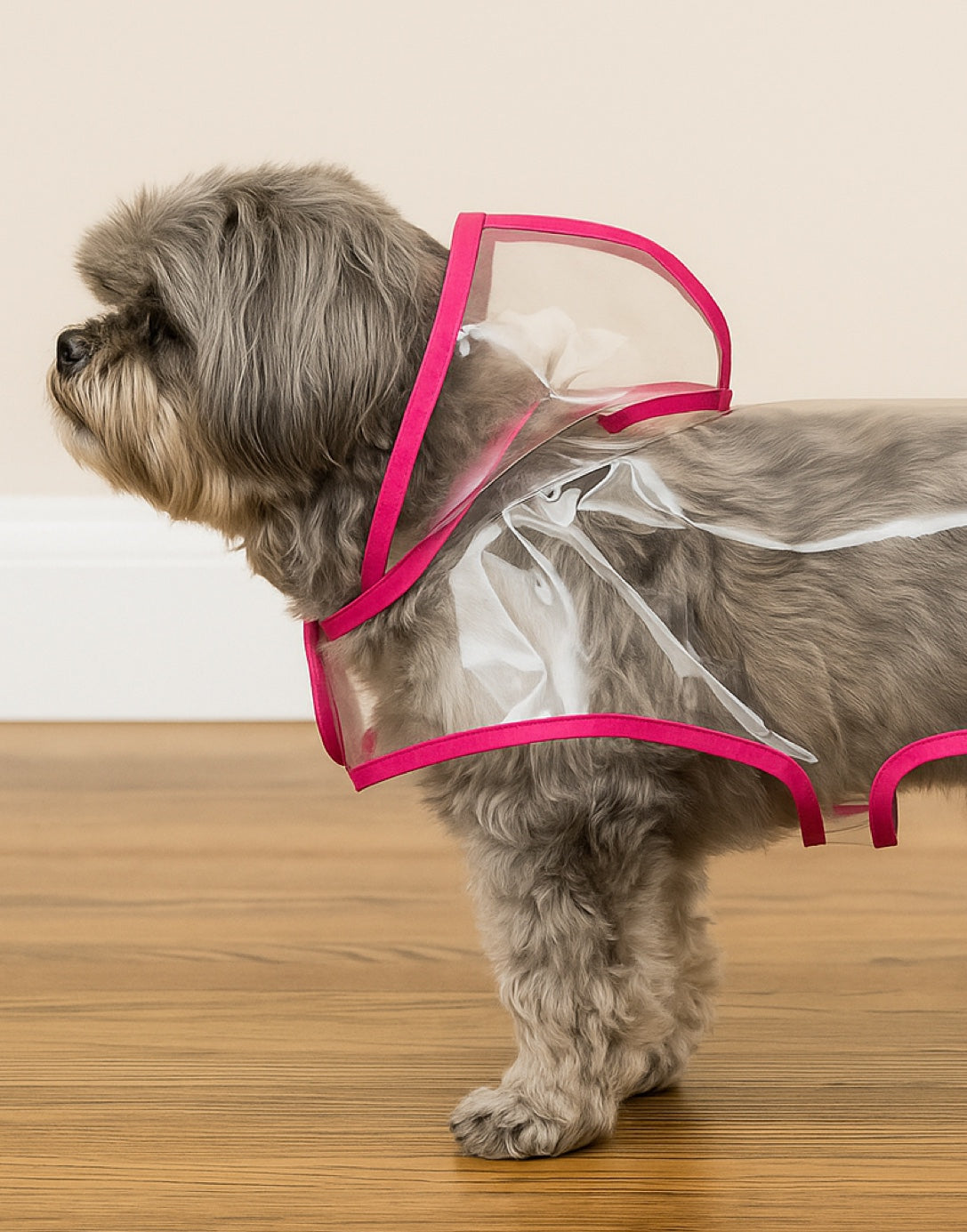 Side view of dog wearing a transparent Hooded Raincoat with pink trim on a wooden floor.