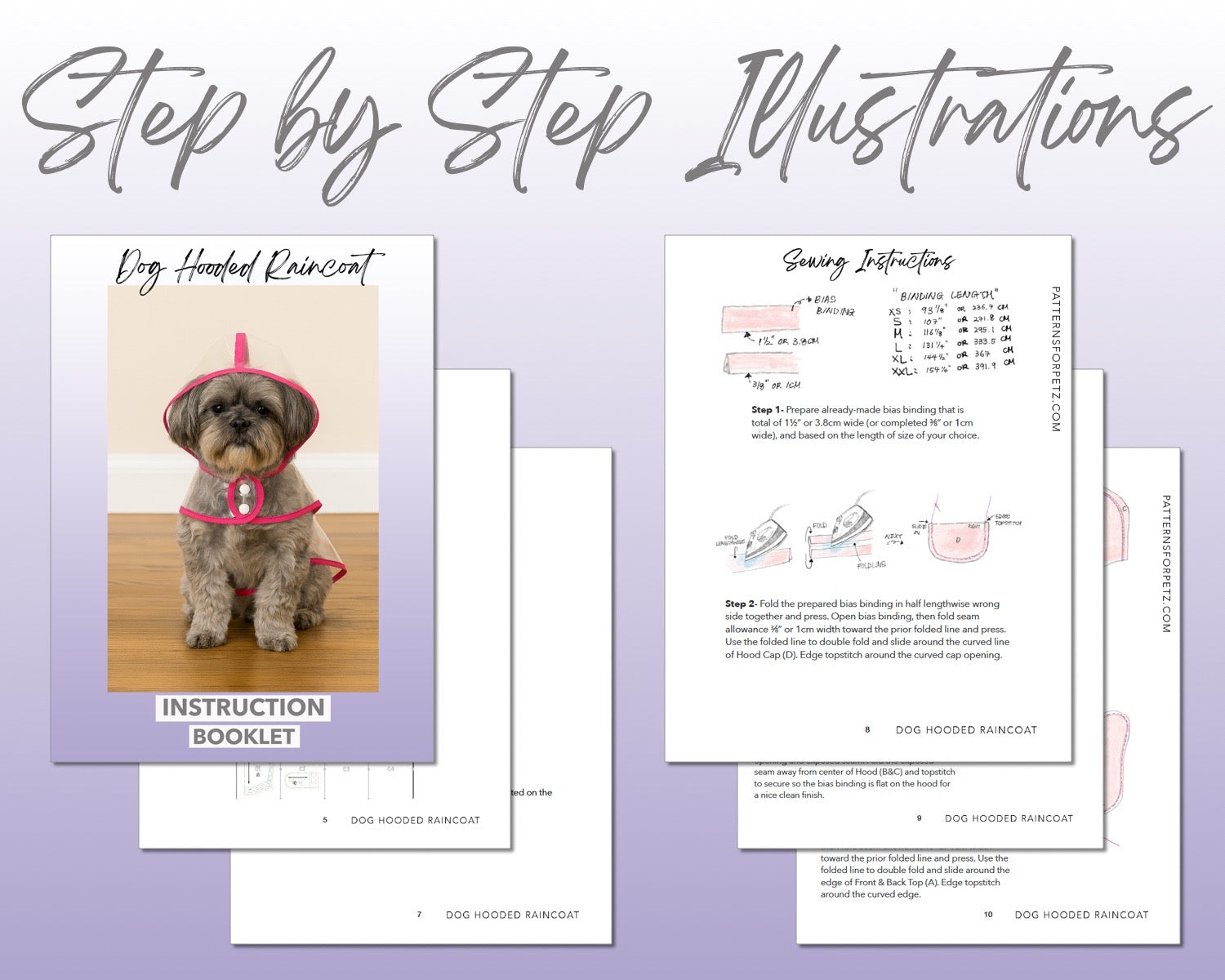 Dog Hooded Raincoat sewing pattern instruction booklet showing step by step illustrations to make the garment.