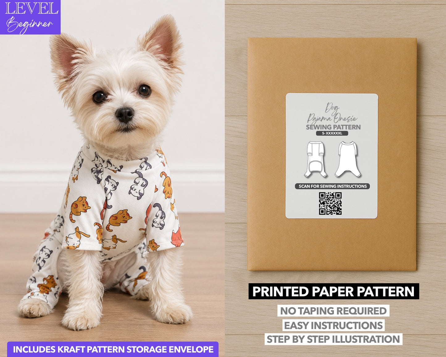 Dog Pajama Onesie printed sewing pattern with easy instructions and step by step illustrations.