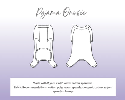 Illustration and detailed description for Dog Pajama Onesie sewing pattern. Made with 2 yard x 60” width cotton spandex. Other Fabric Recommendations: cotton poly, rayon spandex, organic cotton, rayon spandex, hemp.