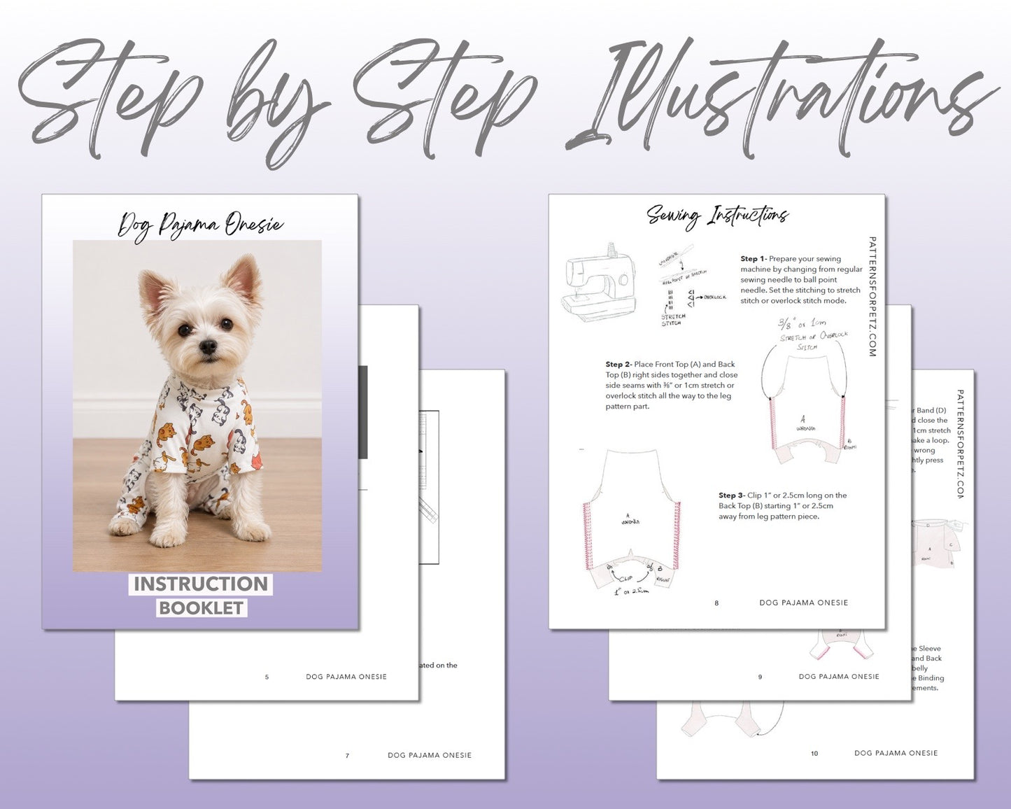 Dog Pajama Onesie sewing pattern instruction booklet showing step by step illustrations to make the garment.