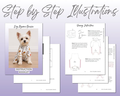 Dog Pajama Onesie sewing pattern instruction booklet showing step by step illustrations to make the garment.