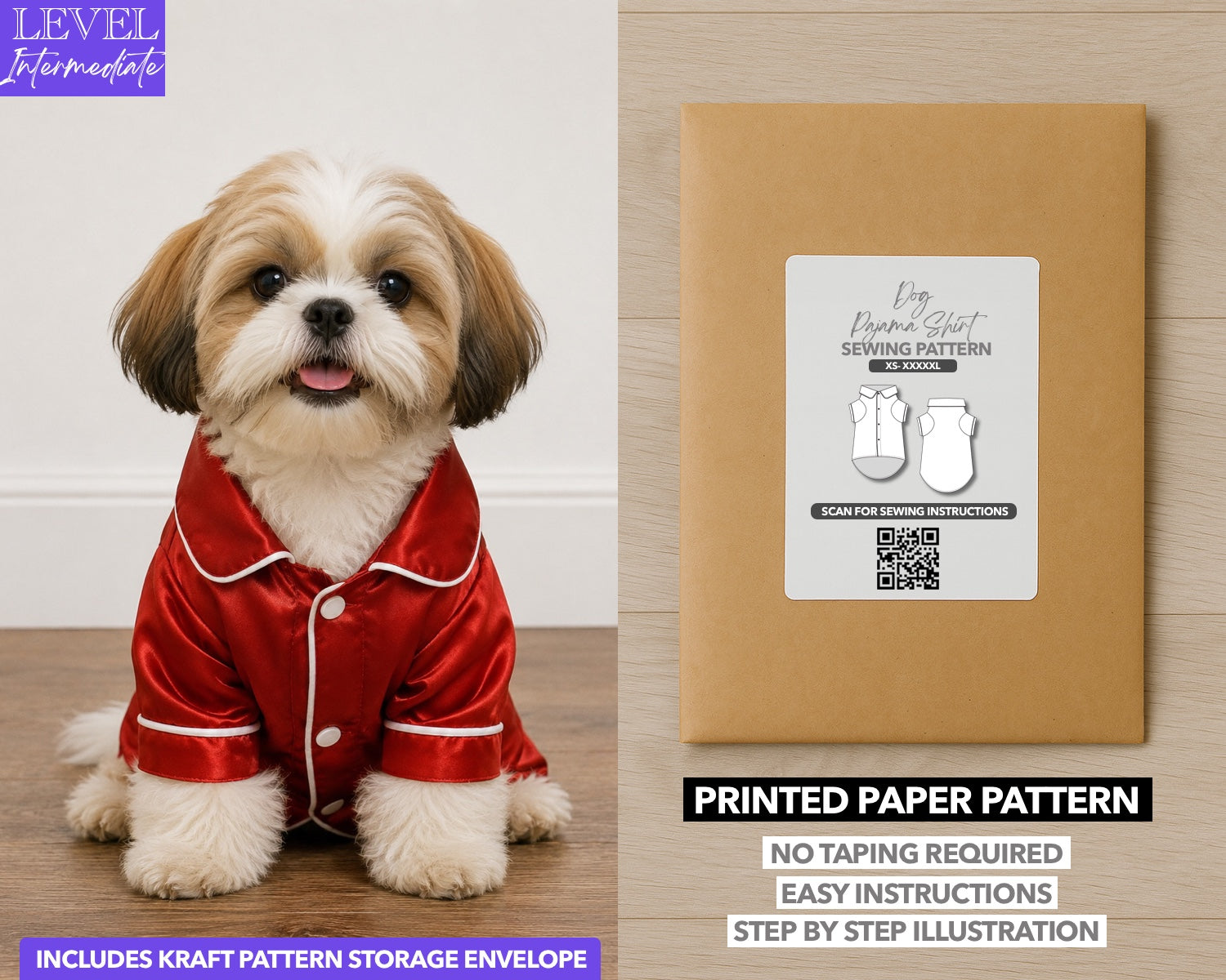 Dog Pajama Shirt printed sewing pattern with easy instructions and step by step illustrations.