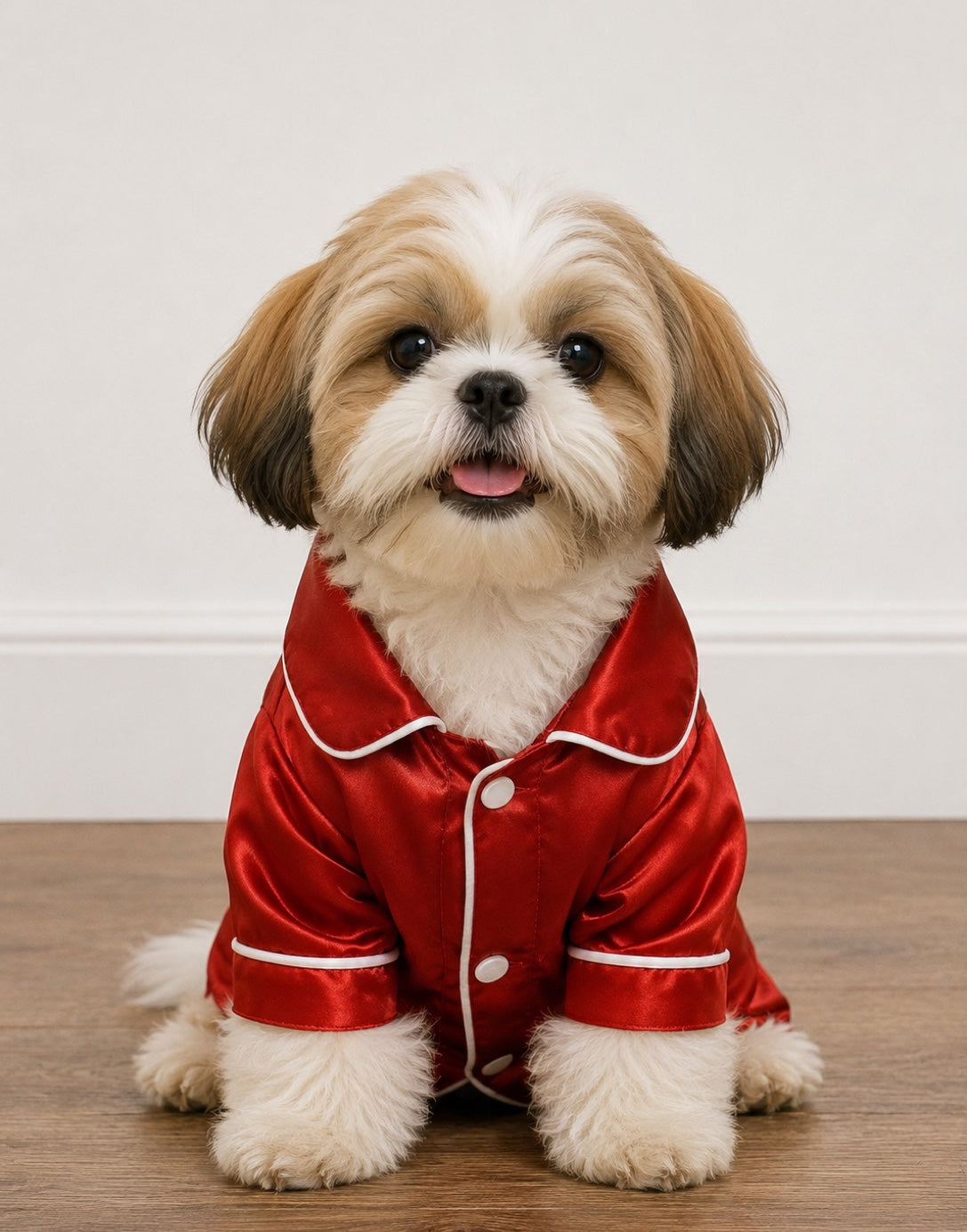 A small fluffy dog wearing shiny red Pajama Shirt with white trim, sitting on a wooden floor against a plain light wall.