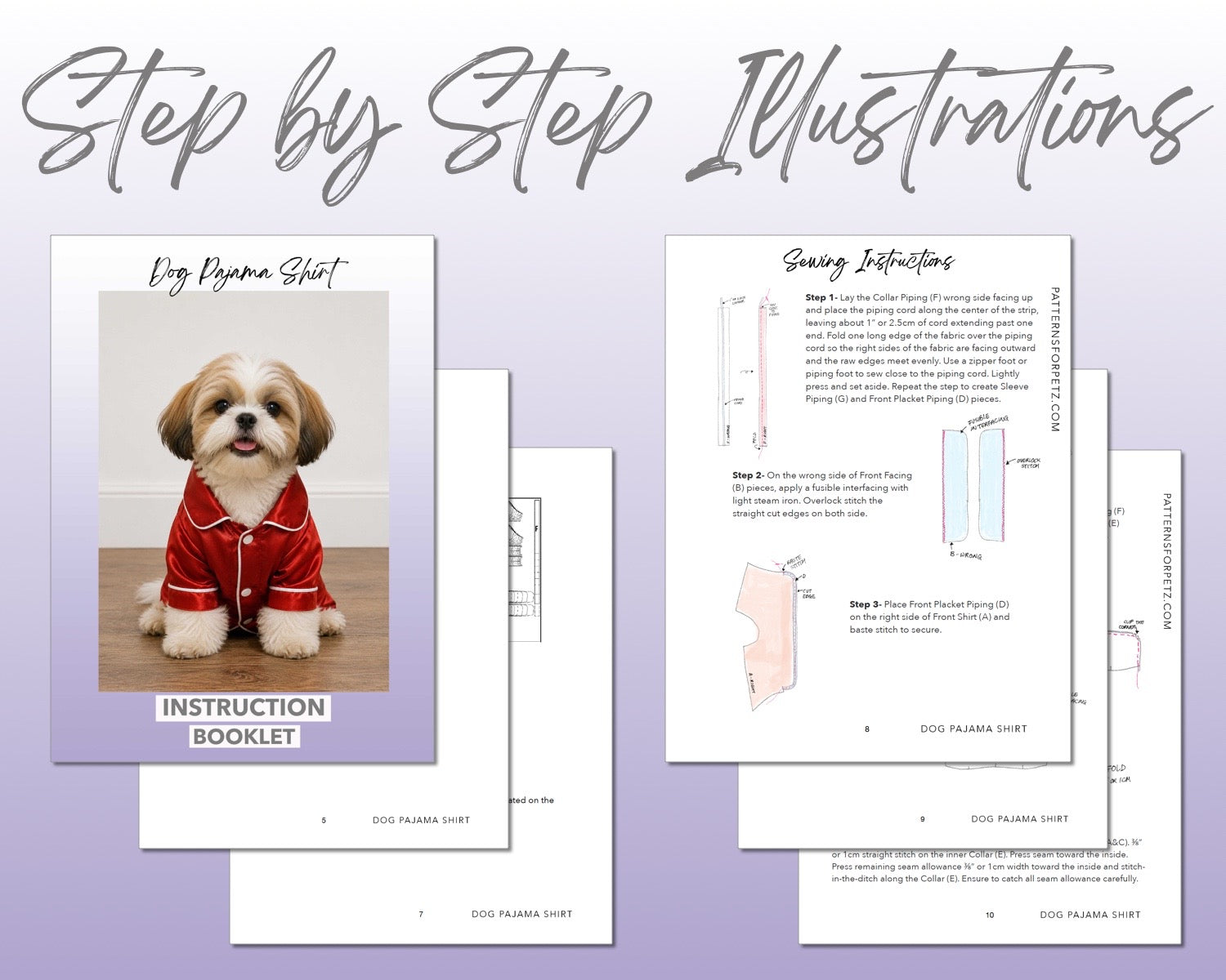 Dog Pajama Shirt sewing pattern instruction booklet showing step by step illustrations to make the garment.