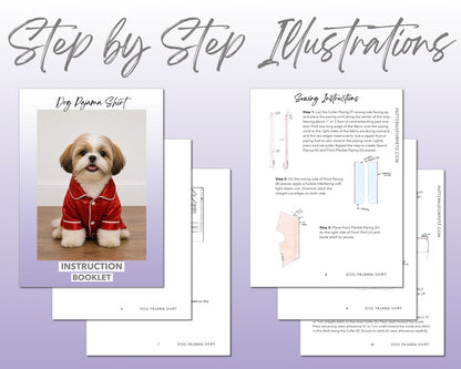 Dog Pajama Shirt sewing pattern instruction booklet showing step by step illustrations to make the garment.