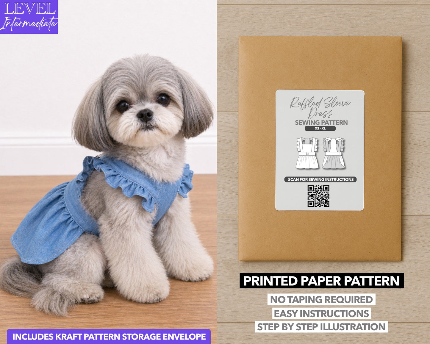 Dog Ruffled Sleeve Dress printed sewing pattern with easy instructions and step by step illustrations.