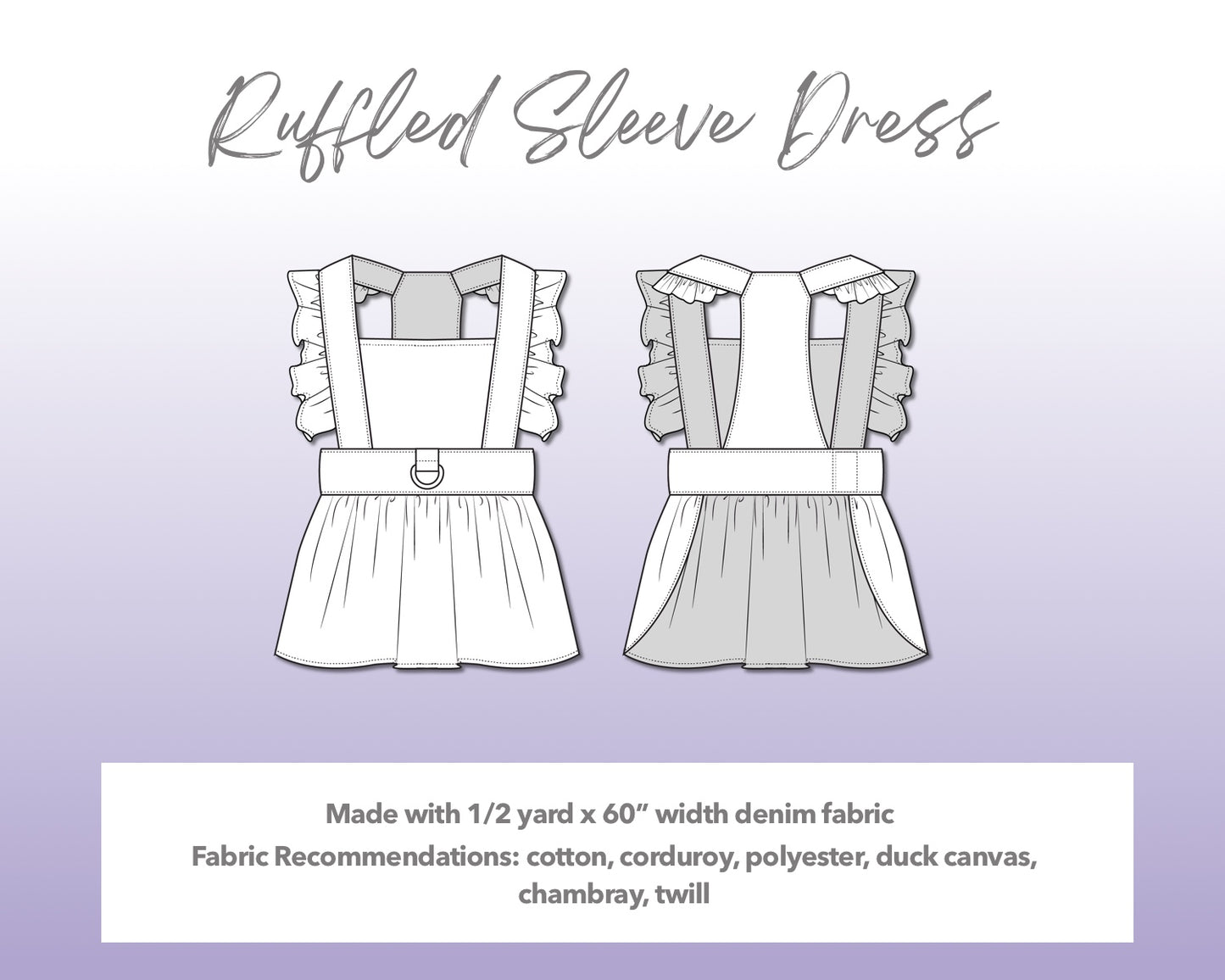 Illustration and detailed description for Dog Ruffled Sleeve Dress sewing pattern. Made with ½ yard x 60” width denim fabric. Other Fabric Recommendations: cotton, corduroy, polyester, duck canvas, chambray, twill.