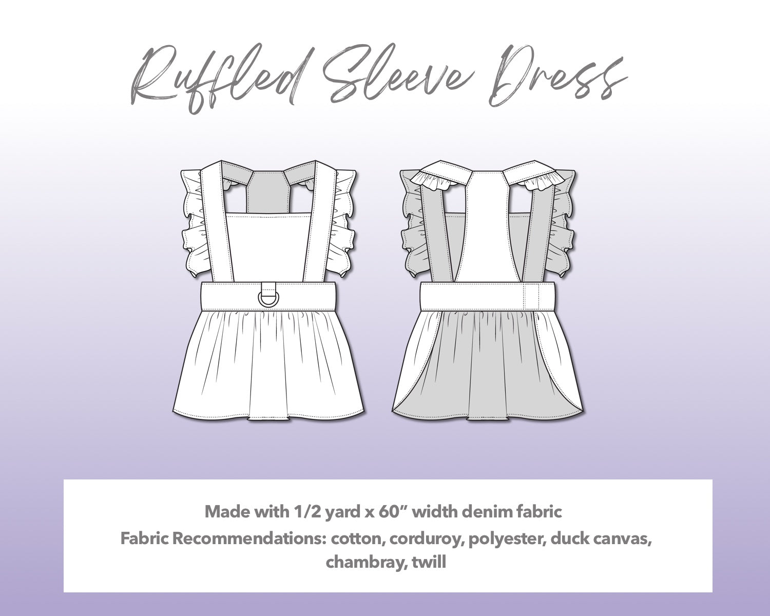 Illustration and detailed description for Dog Ruffled Sleeve Dress sewing pattern. Made with ½ yard x 60” width denim fabric. Other Fabric Recommendations: cotton, corduroy, polyester, duck canvas, chambray, twill.