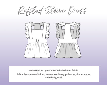 Illustration and detailed description for Dog Ruffled Sleeve Dress sewing pattern. Made with ½ yard x 60” width denim fabric. Other Fabric Recommendations: cotton, corduroy, polyester, duck canvas, chambray, twill.