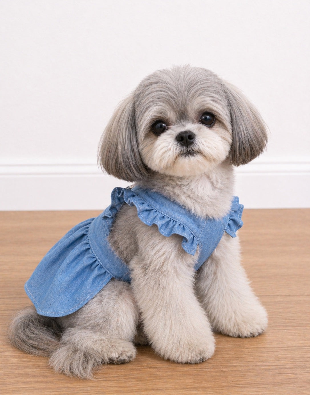 Small dog wearing a blue denim dress sitting on a wooden floor.
