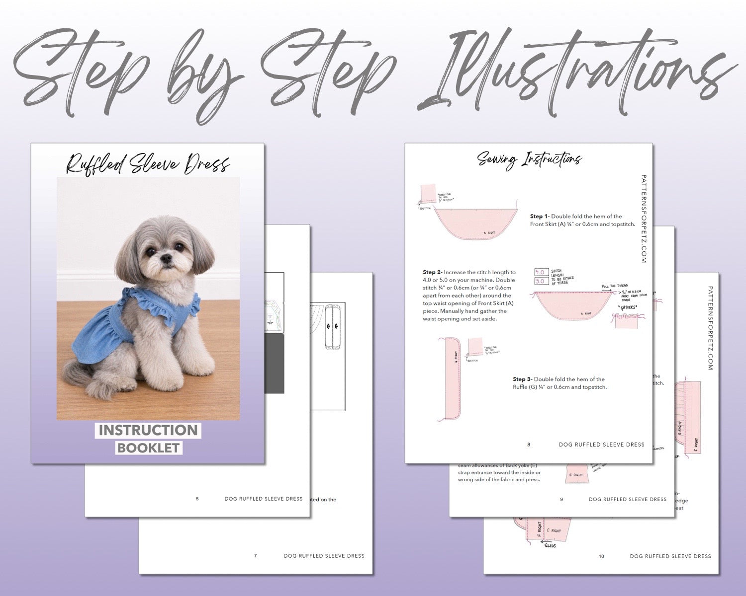 Dog Ruffled Sleeve Dress sewing pattern instruction booklet showing step by step illustrations to make the garment.