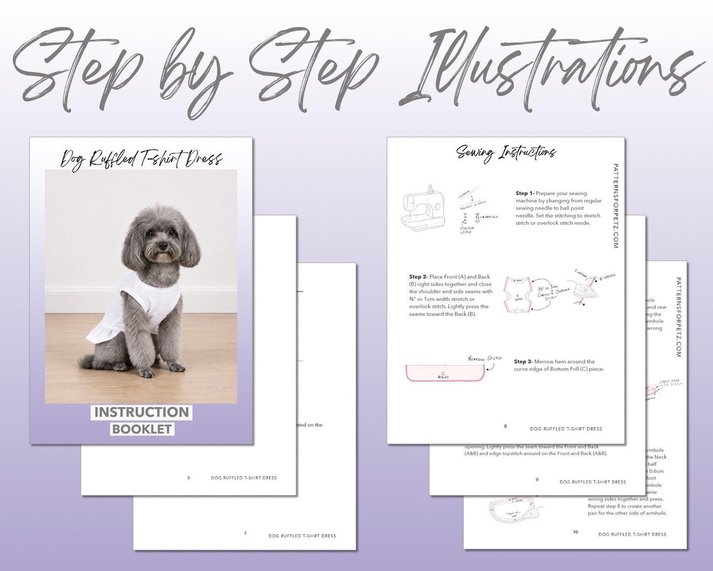 Dog Ruffled T-Shirt Dress sewing pattern instruction booklet showing step by step illustrations to make the garment.
