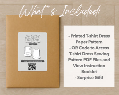 What is included with the printed Dog Ruffled T-Shirt Dress paper sewing pattern