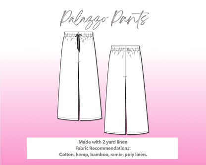 Illustration and detailed description for Drawstring Palazzo Pants sewing pattern.