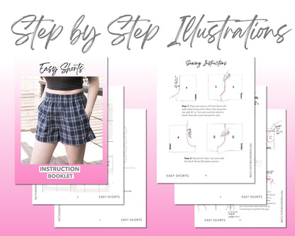 Easy Elasticized Waist Shorts sewing pattern step by step illustrations.