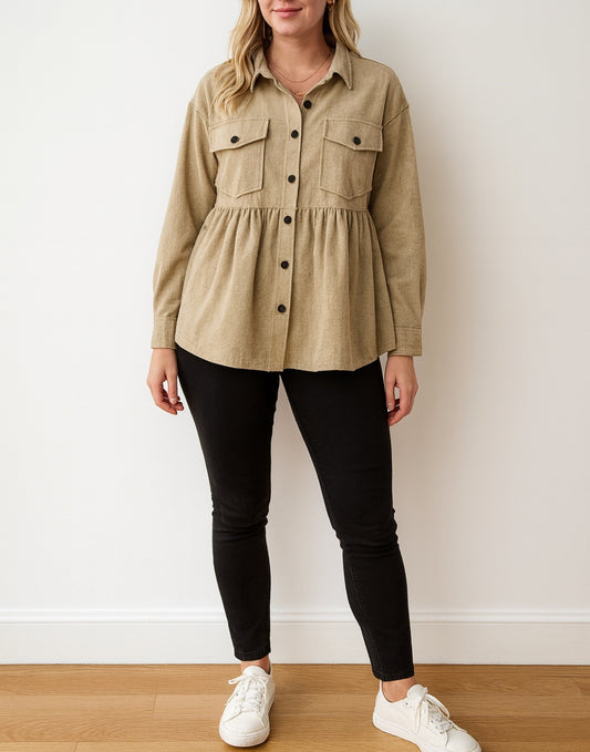 Front view of Flap Pocket Drop Shoulder Peplum Shirt.