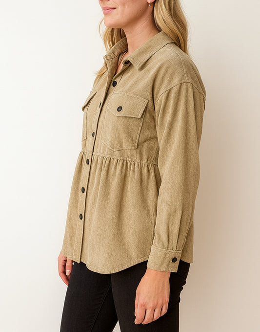Side view of Flap Pocket Drop Shoulder Peplum Shirt.