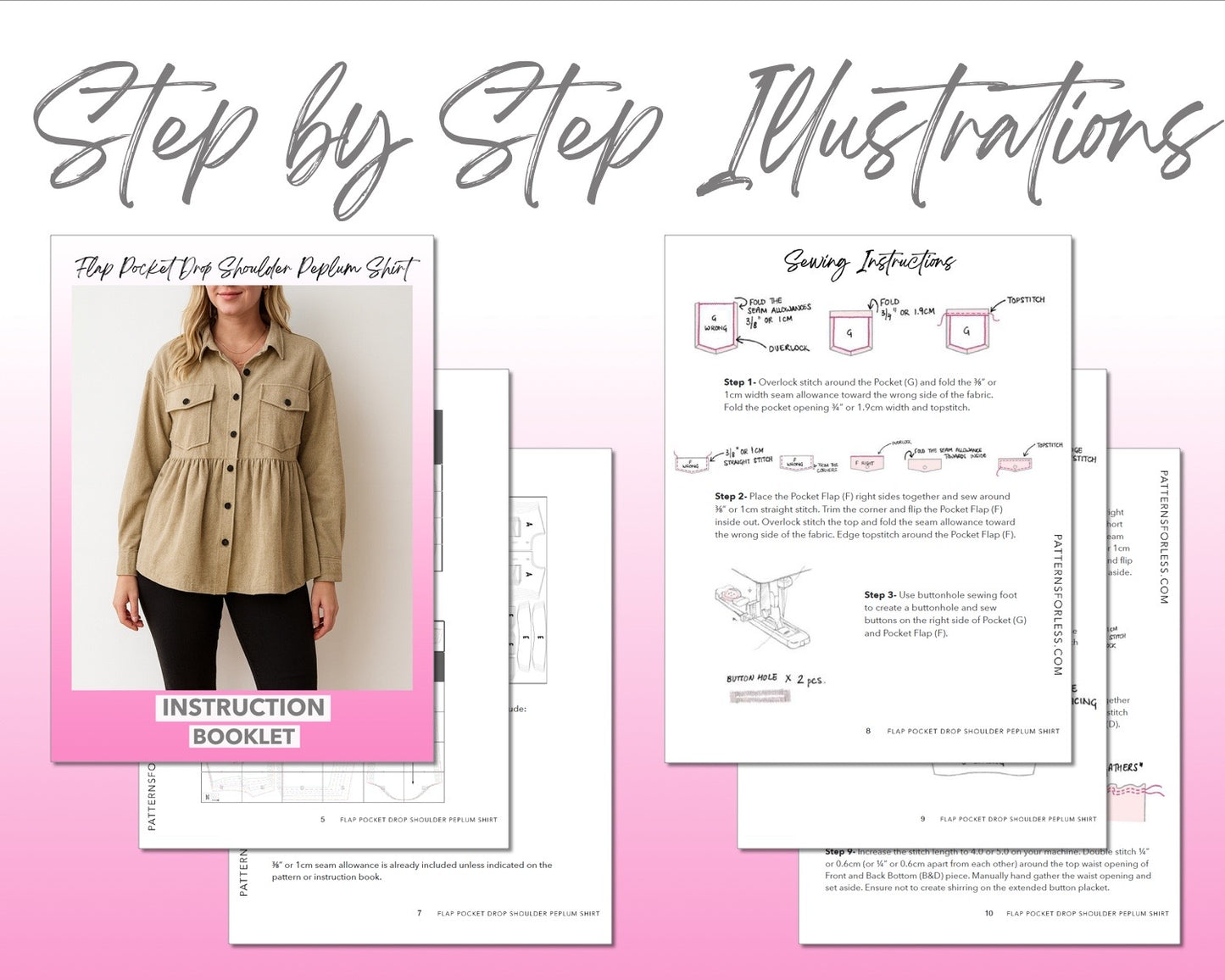 Flap Pocket Drop Shoulder Peplum Shirt sewing pattern step by step illustrations.