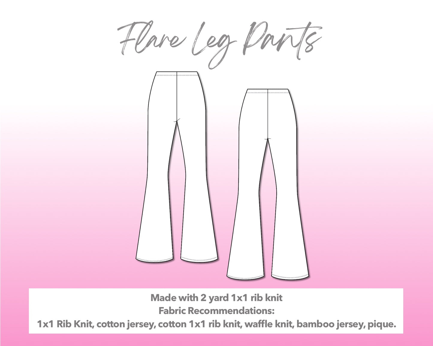 Illustration and detailed description for Flare Leg Knit Pants sewing pattern.