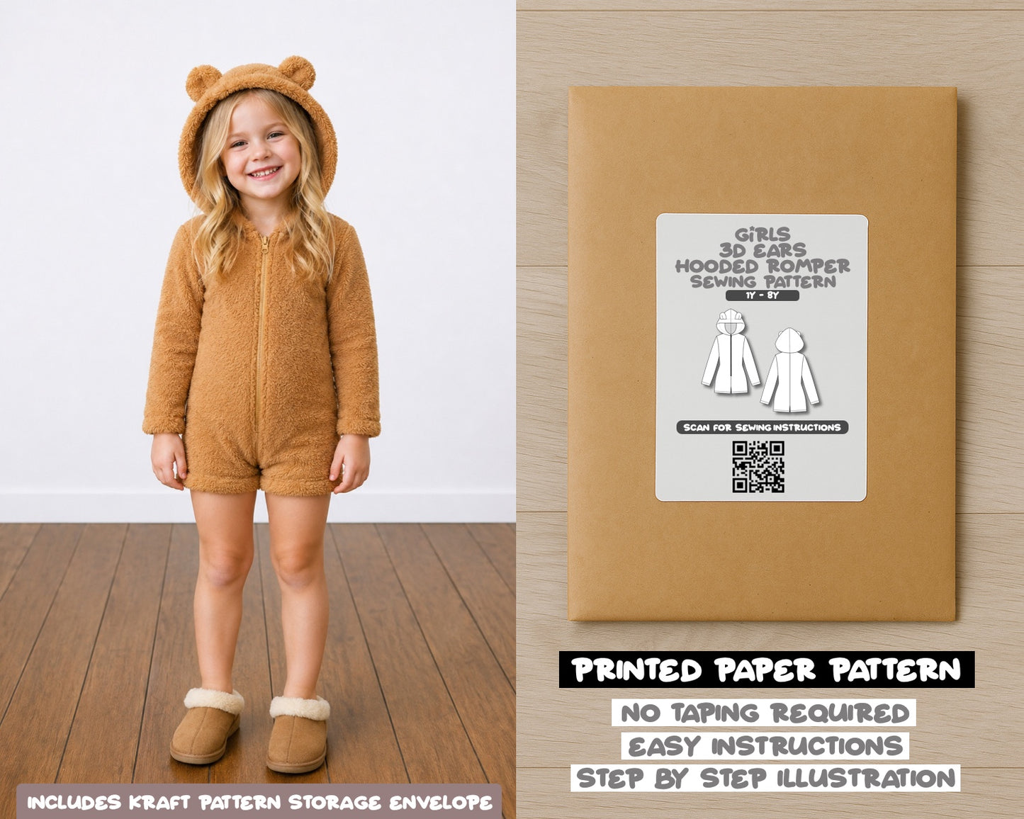 Girls 3D Ears Hooded Sleepwear Romper printed sewing pattern with easy instructions and step by step illustrations.