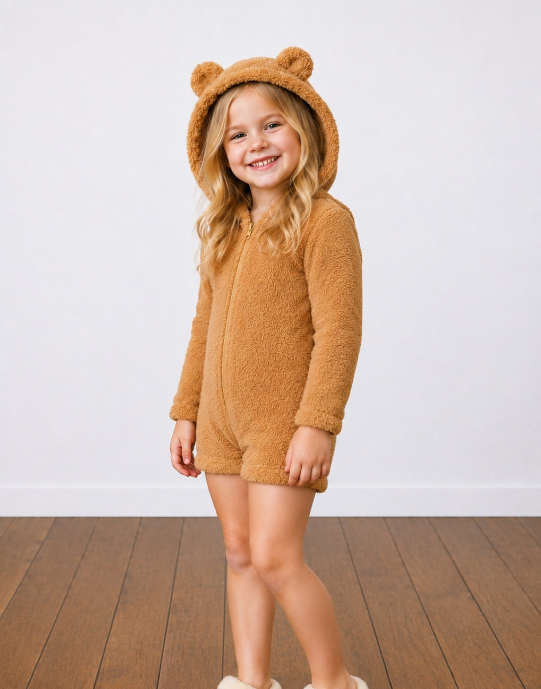 Side view of a young girl smiling while wearing a plush teddy bear onesie in a warm camel brown color, standing on a wooden floor against a white wall.