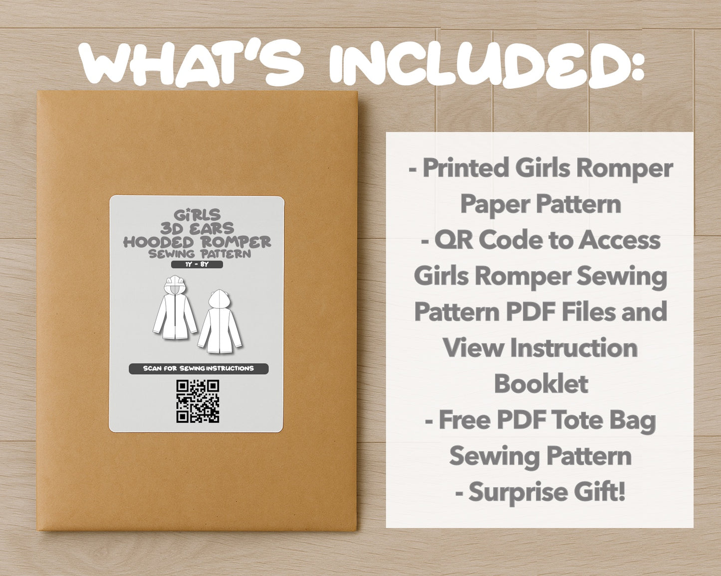 What is included with the printed Girls 3D Ears Hooded Sleepwear Romper paper sewing pattern 