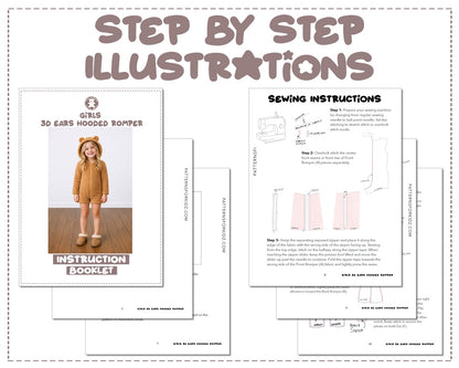 Girls 3D Ears Hooded Sleepwear Romper sewing pattern instruction booklet showing step by step illustrations to make the garment.