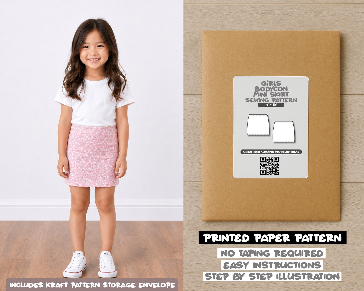 Girls Bodycon Mini Skirt printed sewing pattern with easy instructions and step by step illustrations.