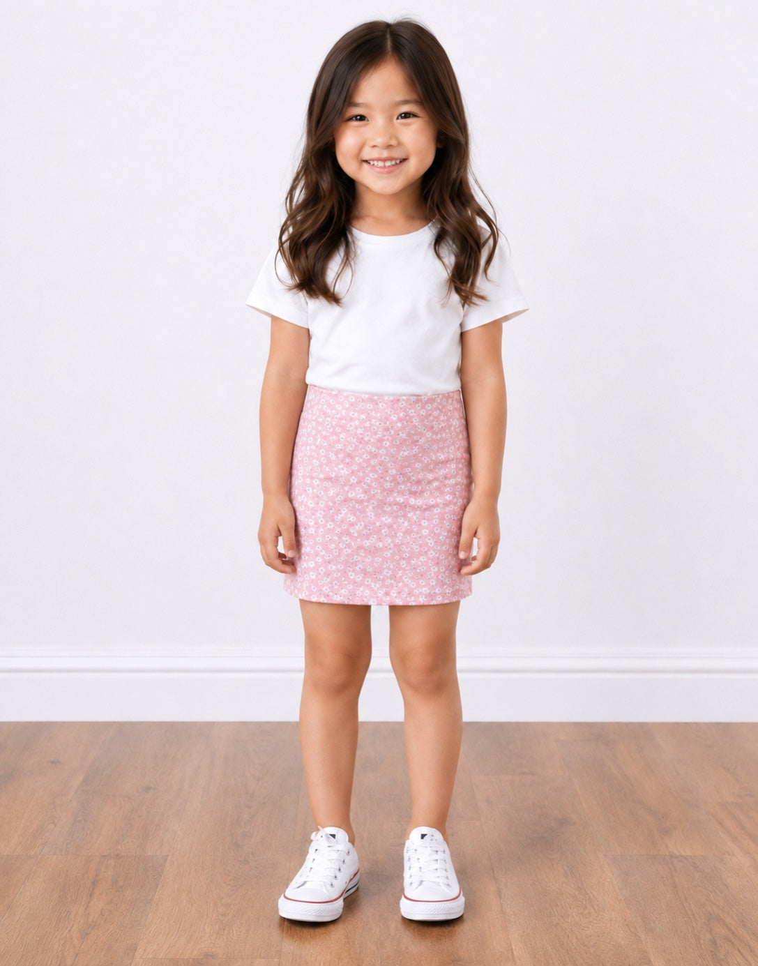 A young girl with long brown hair stands smiling, wearing a white short-sleeve t-shirt, a pink patterned Bodycon Mini Skirt, and white sneakers, set against a plain white wall and light wood floor.