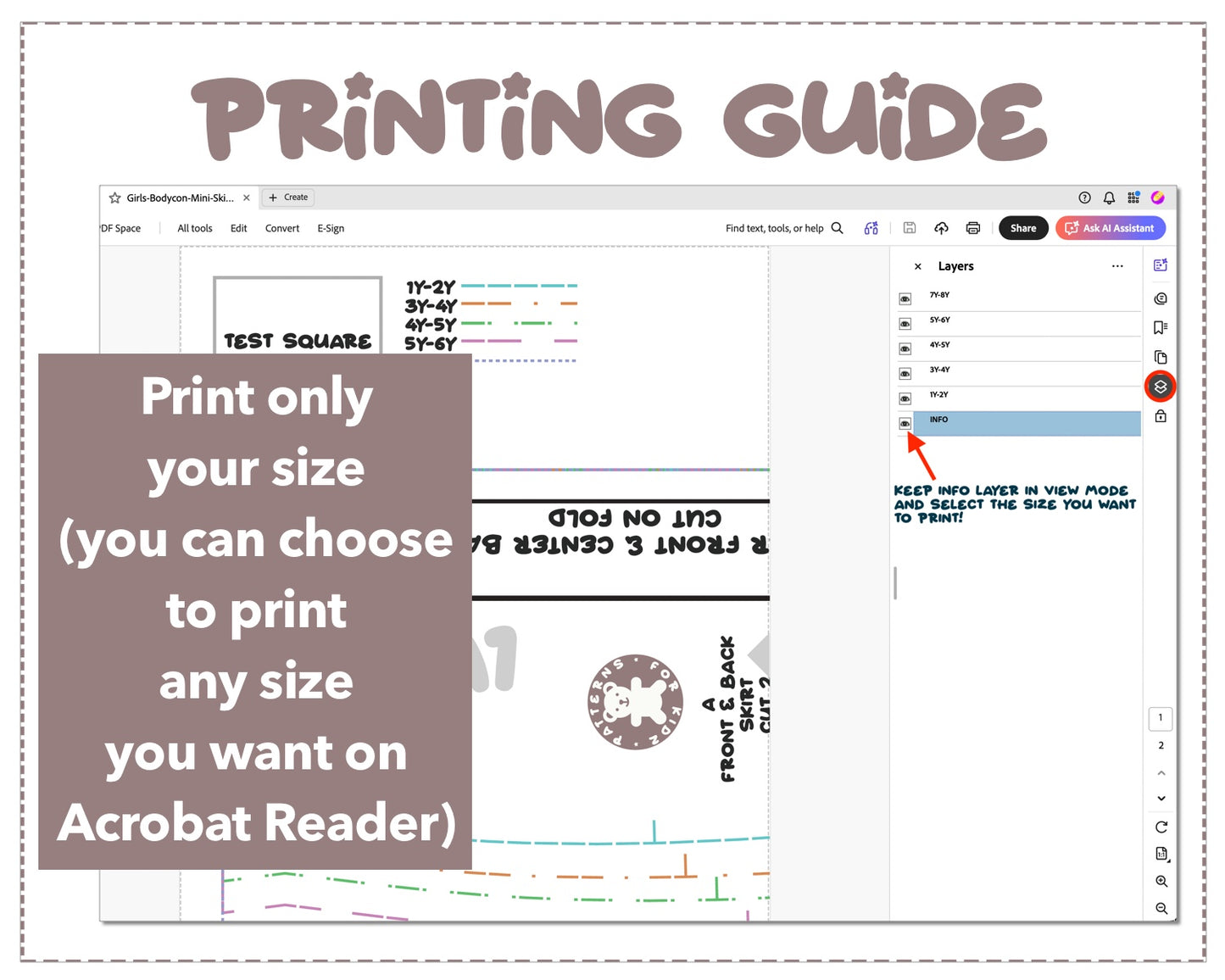 Girls Bodycon Mini Skirt sewing pattern printing guide.