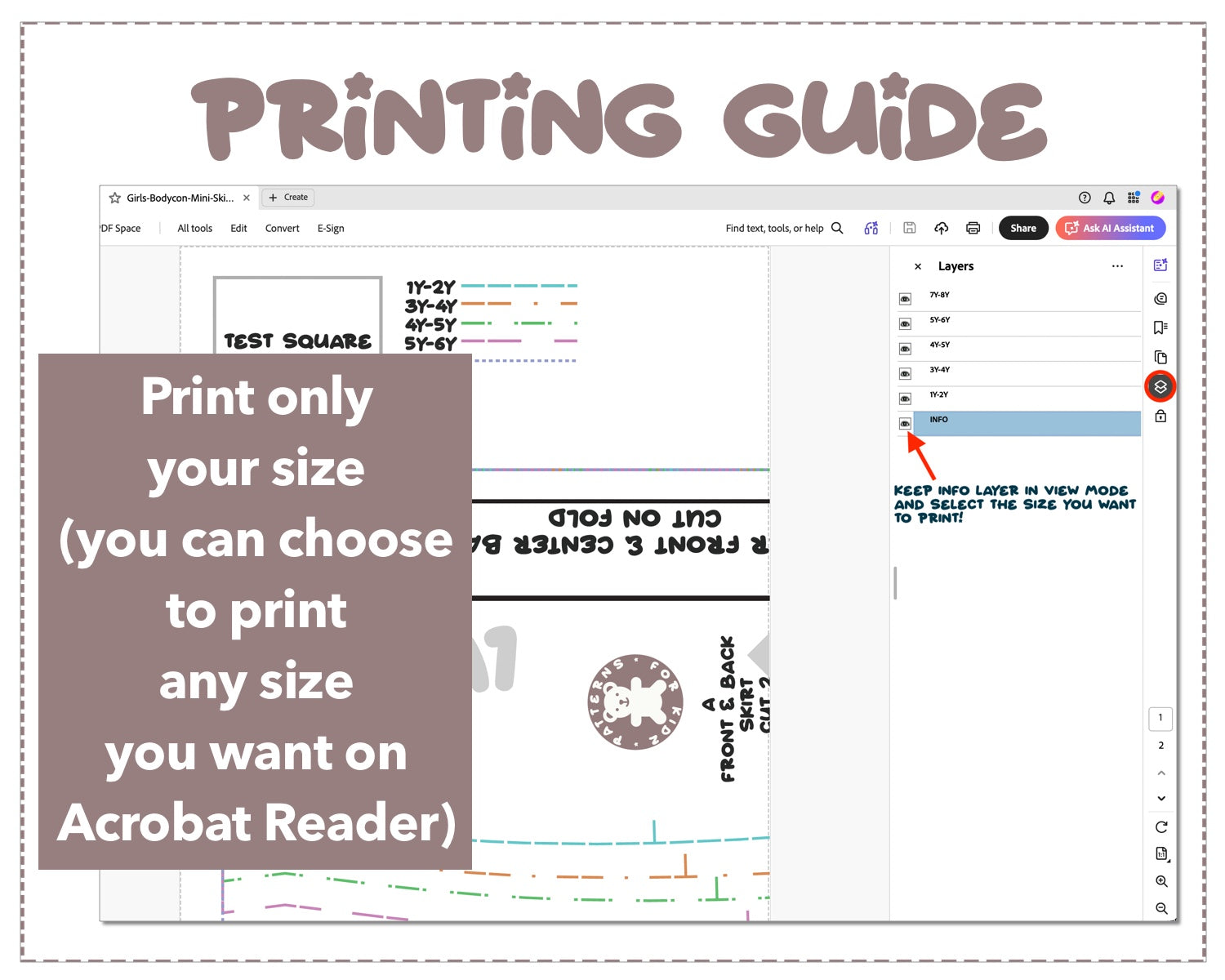 Girls Bodycon Mini Skirt sewing pattern printing guide.