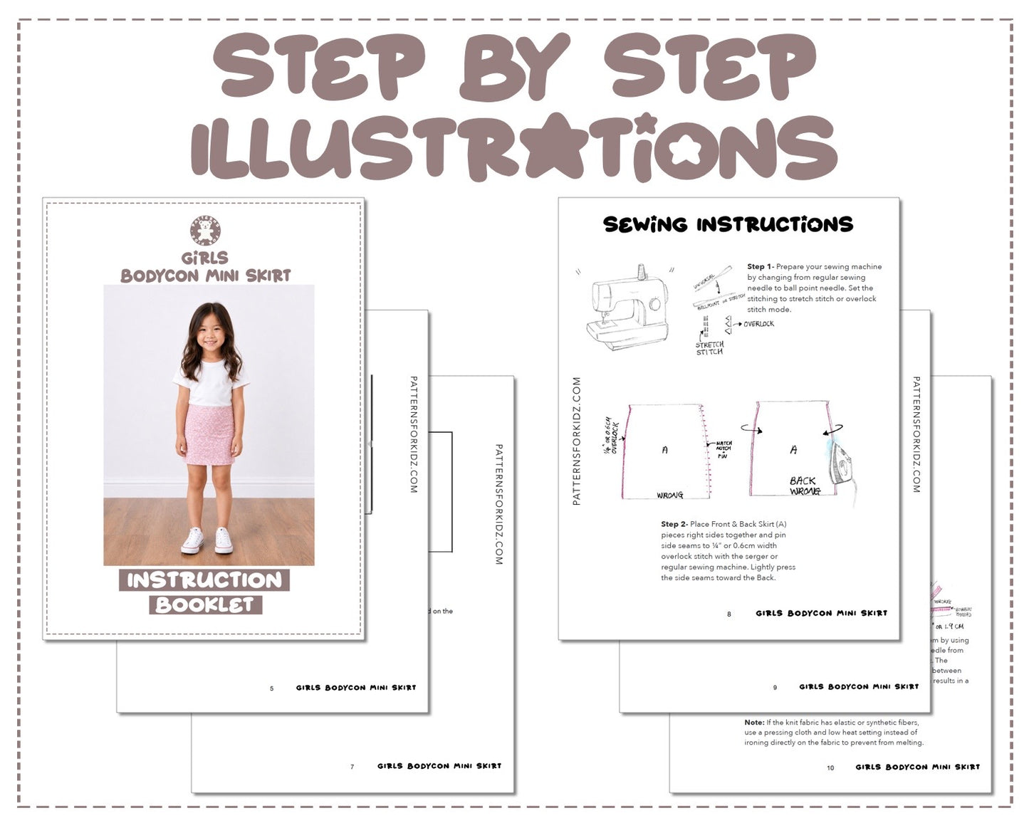 Girls Bodycon Mini Skirt sewing pattern instruction booklet showing step by step illustrations to make the garment.
