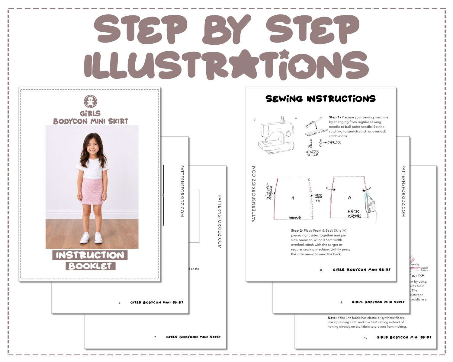 Girls Bodycon Mini Skirt sewing pattern instruction booklet showing step by step illustrations to make the garment.